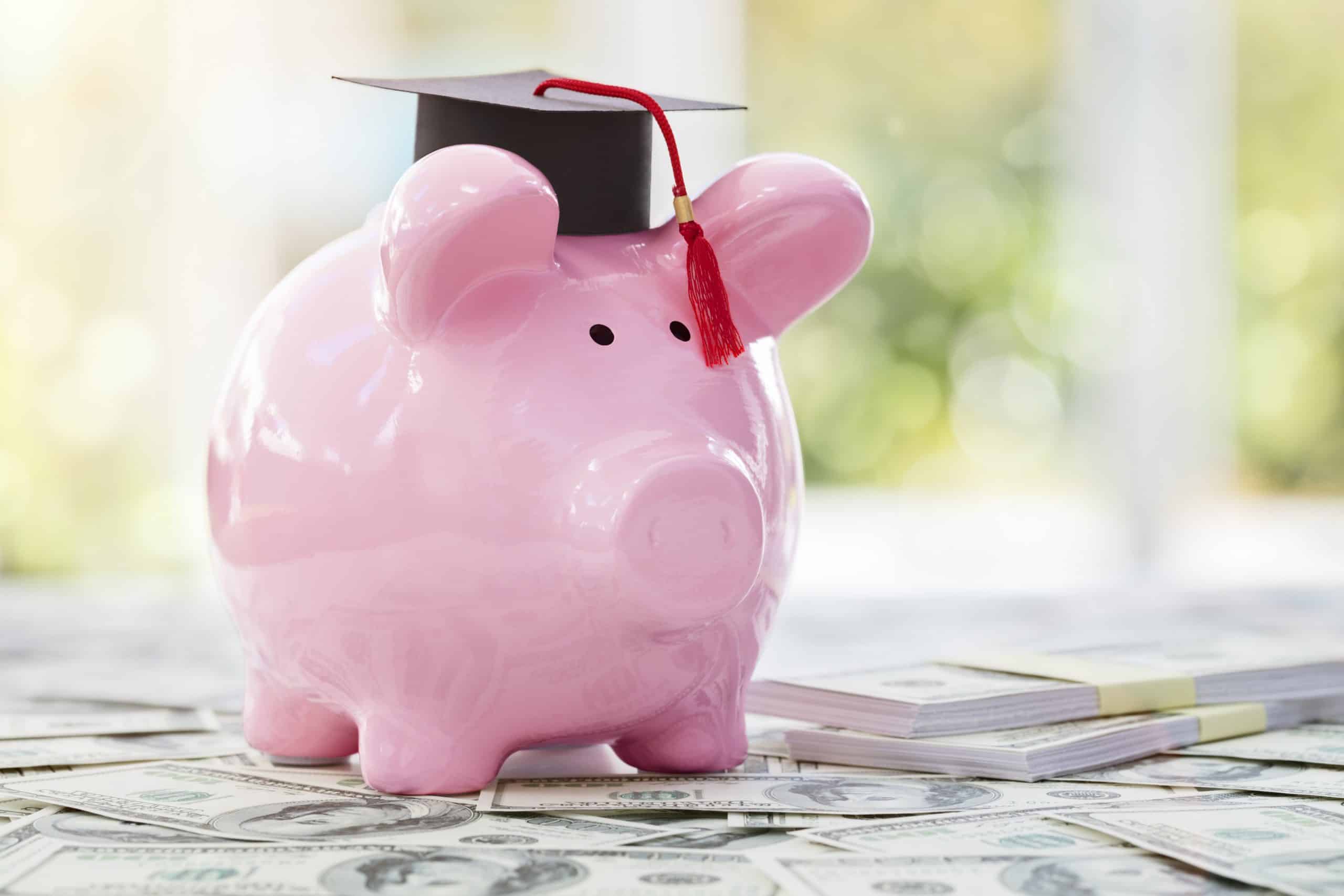 Piggy bank with a graduation cap on.