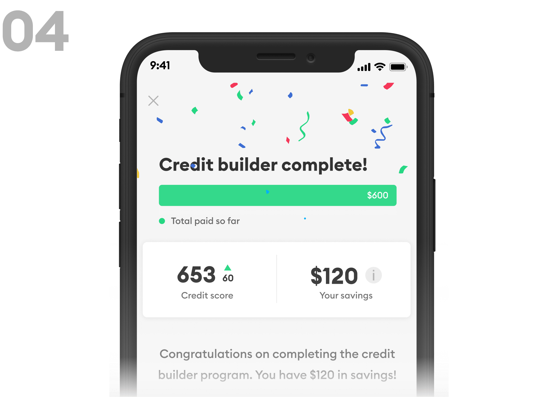 Image of phone showing Credit Builder tab and score of 653