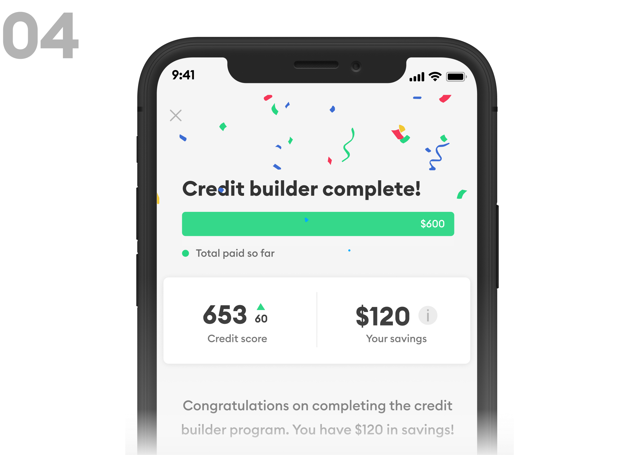 Image of phone showing Credit Builder tab and score of 653