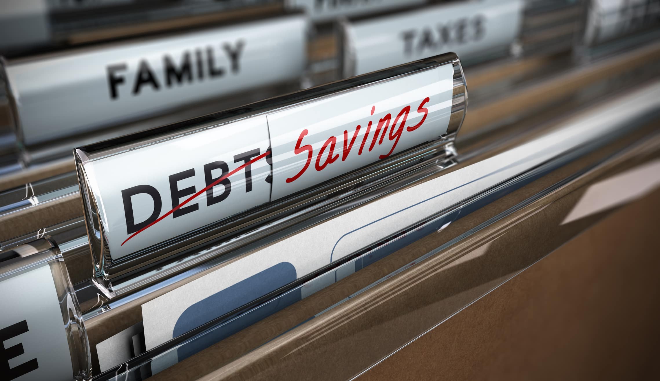 debt repayment options. File tab with focus on savings. Conceptual image for illustration of debt vs savings