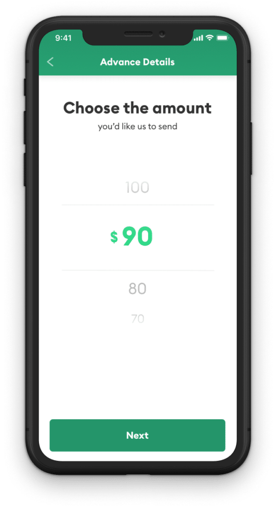 Brigit app screen in a phone where the user can select how much they want. It shows $90 selected.