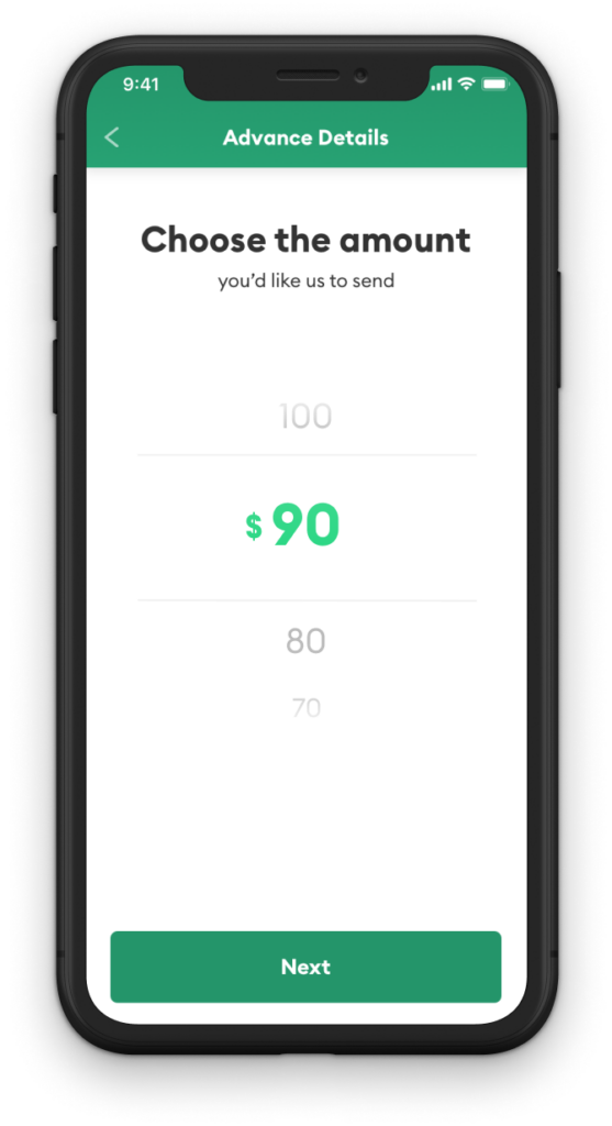 Brigit app screen in a phone where the user can select how much they want. It shows $90 selected.