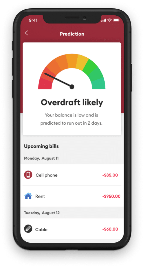 Brigit phone screen showing overdraft likely