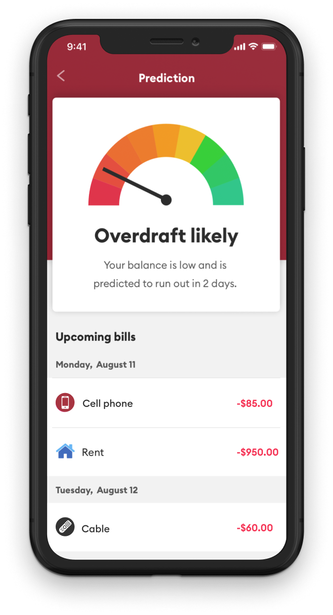 Brigit phone screen showing overdraft likely