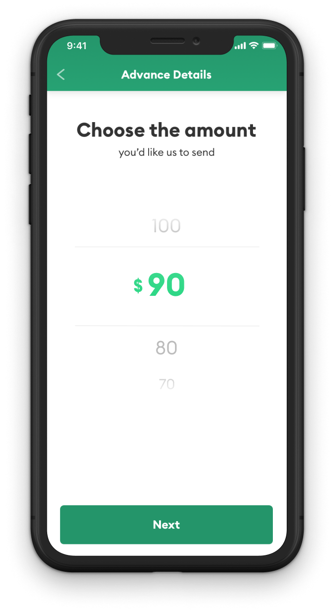 Brigit app screen in a phone where the user can select how much they want. It shows $90 selected.