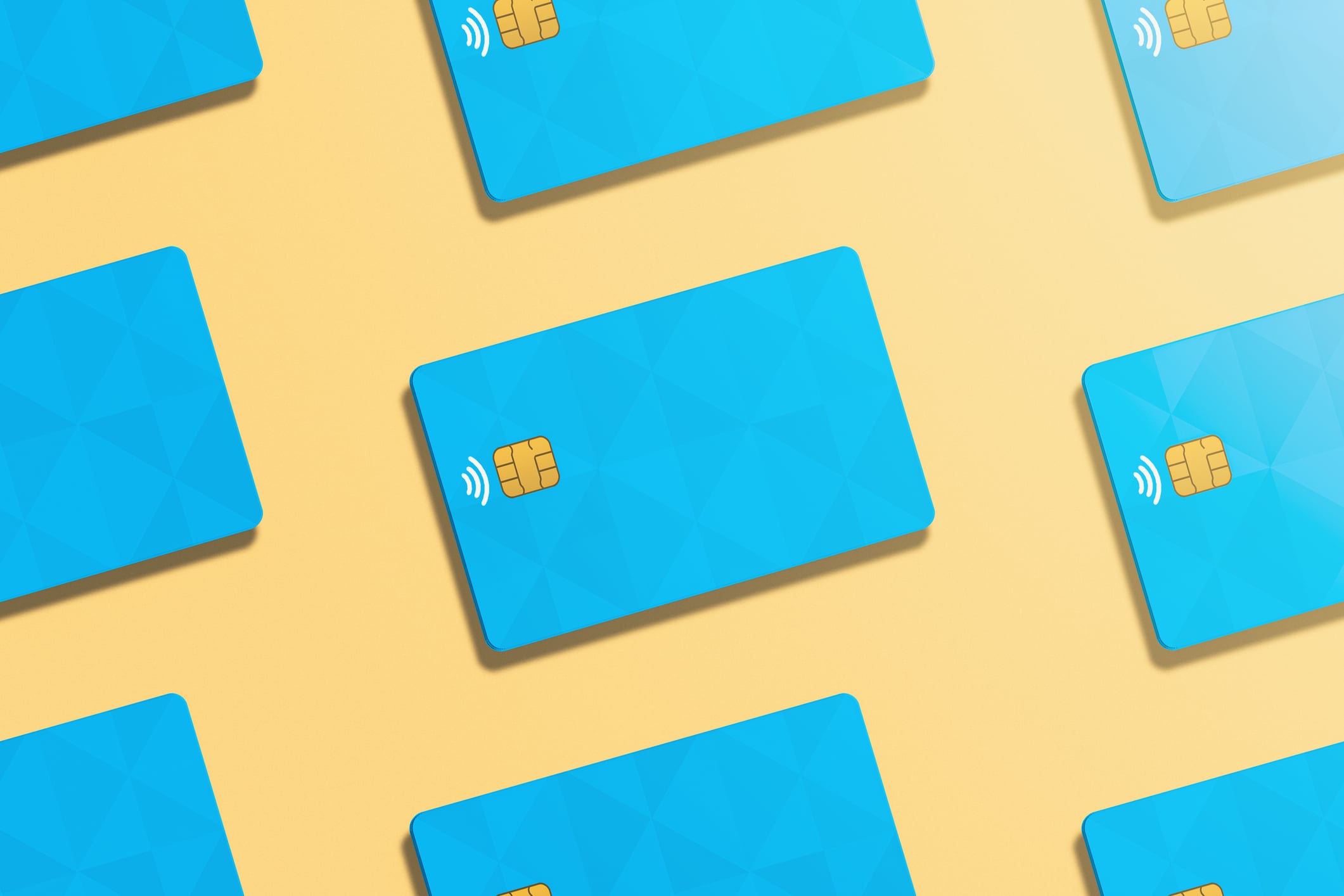 credit cards - rows of blue cards on an orange background.