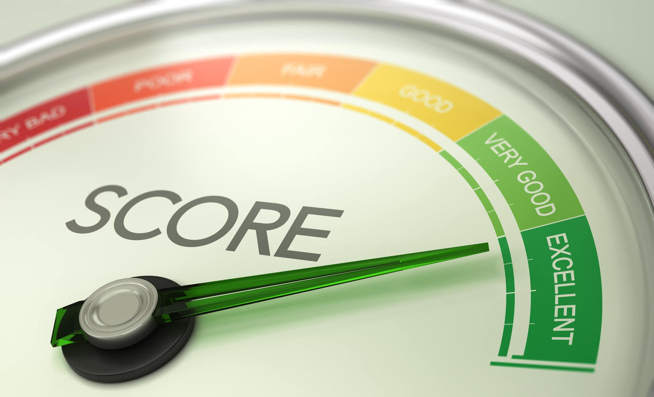 perfect credit score. 3D illustration of a conceptual gauge with needle pointing to excellent. Business credit score concept.