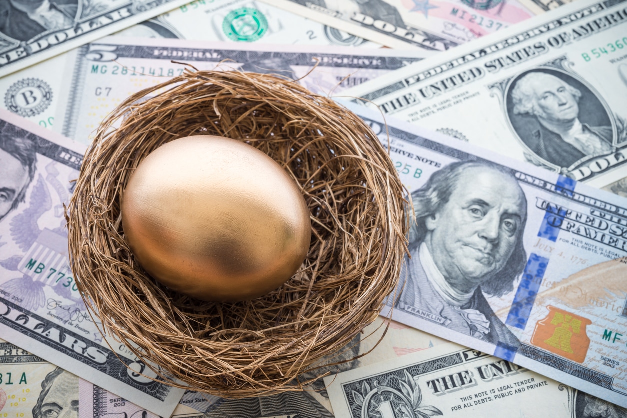 gold egg in nest on top of money.