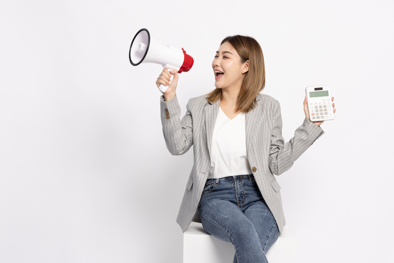 asian woman loud budgeting with megaphone