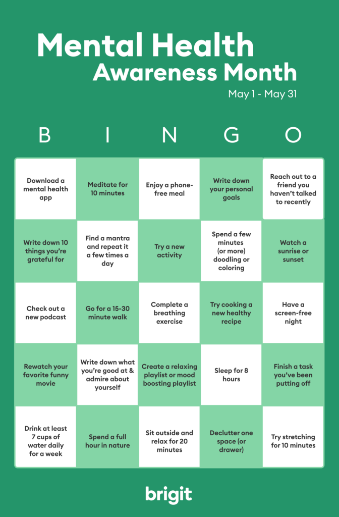 mental health bingo card, green and white.